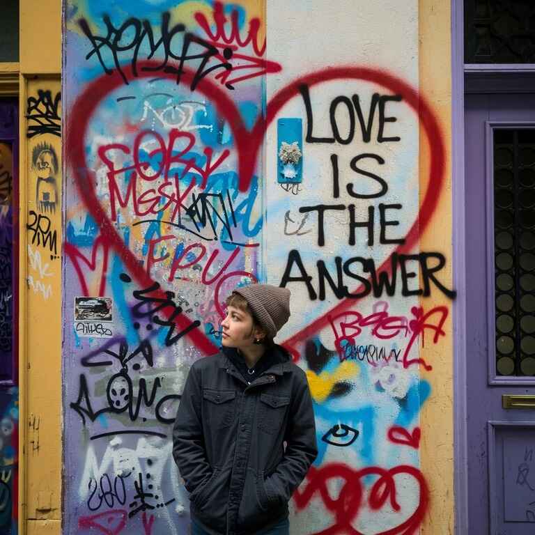  A juvenile standing near a wall covered in graffiti, contemplating the consequences of their actions