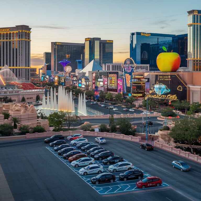 Rideshare vehicles in designated areas along Las Vegas Boulevard with the Strip’s neon lights in the background