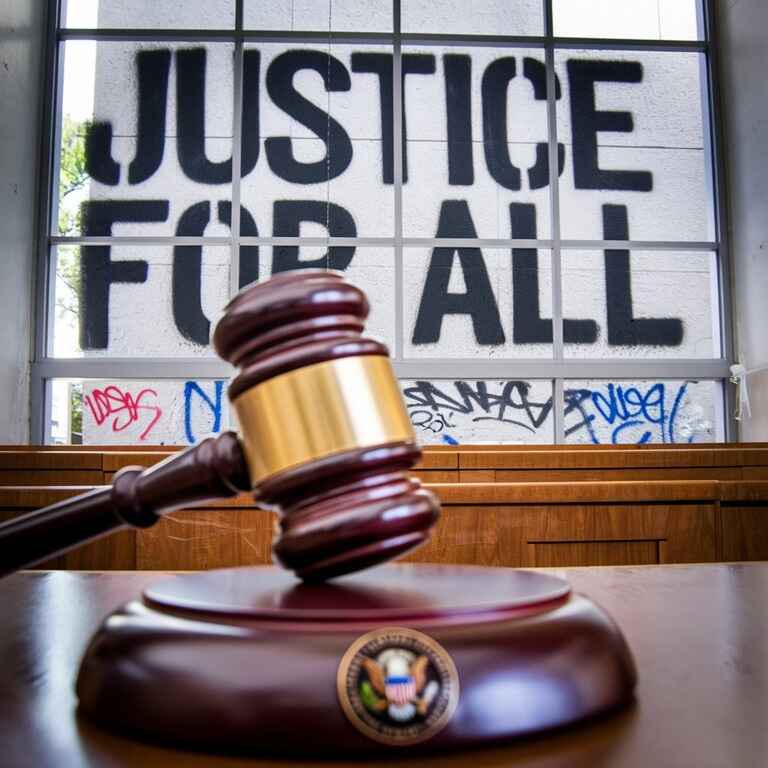 A gavel on a courtroom desk with a graffiti-tagged wall in the background, symbolizing the legal defense process for graffiti charges