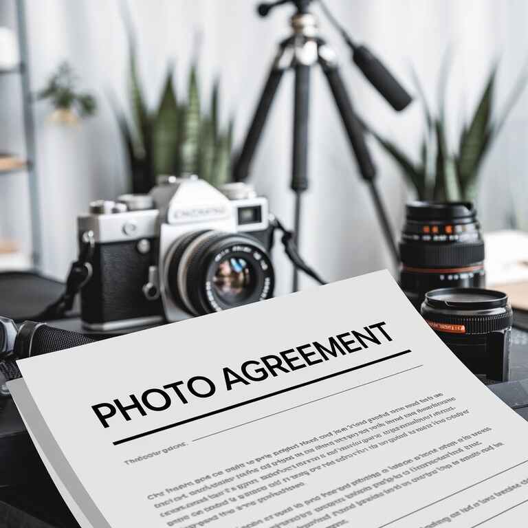 Legal document with a photographer's camera in the background, highlighting the importance of legal protection in photography