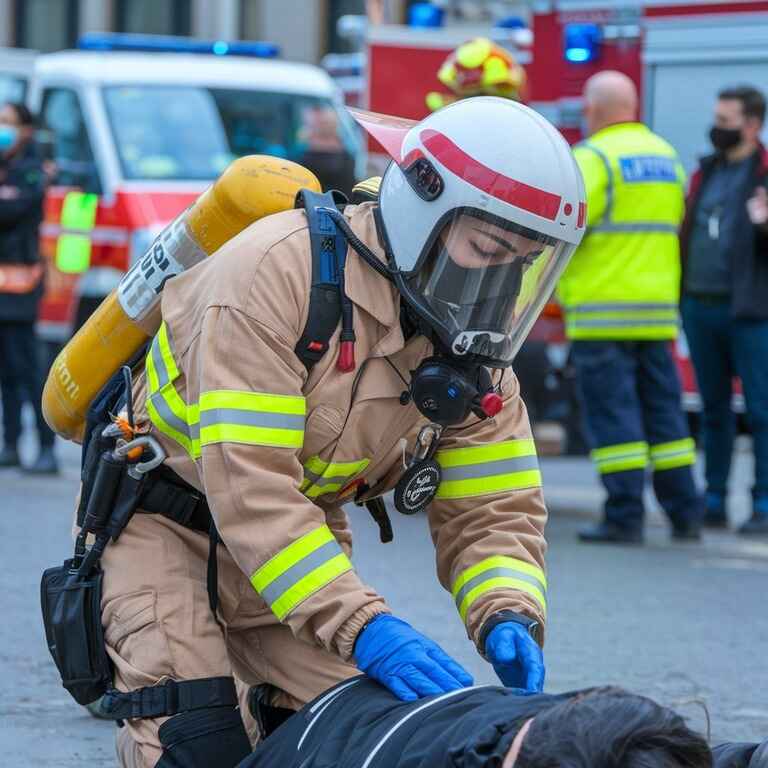 First responder providing care during an emergency with protective gear