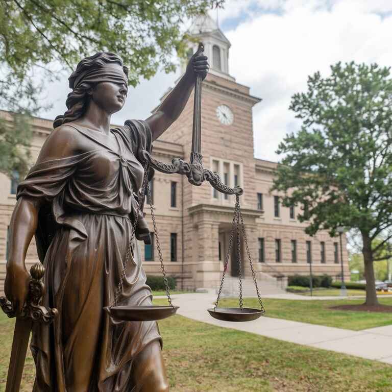 A courthouse and scale of justice, representing the legal steps in a defamation lawsuit