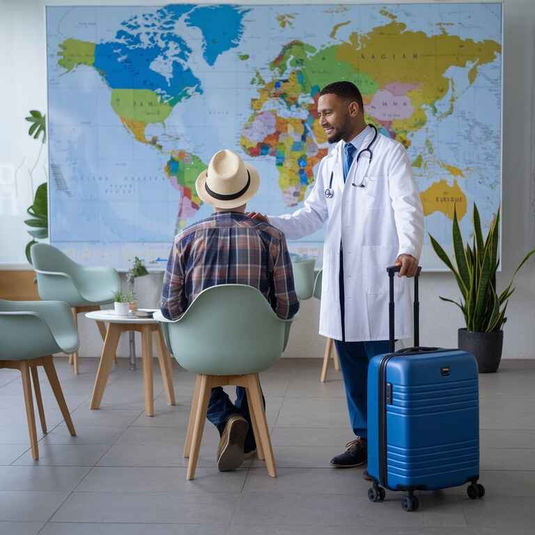 A doctor consulting with a traveler, with a world map in the background, representing medical care for non-citizens and visitors in Nevada