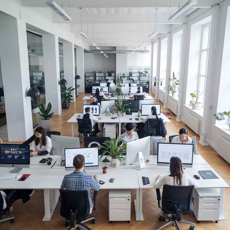 Modern office with employees using computers and devices supporting ADA-compliant digital tools