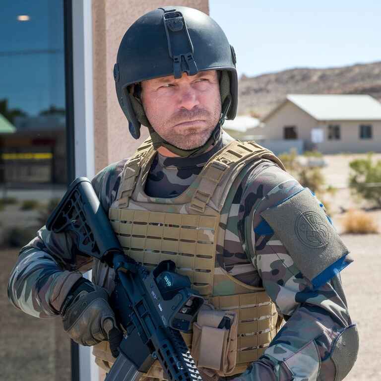 Bounty hunter in Nevada standing outside a building, ready for action