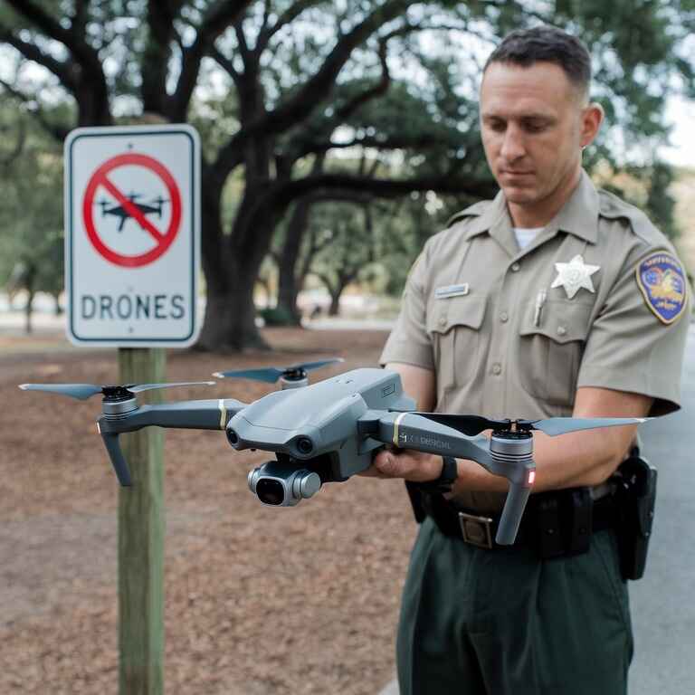 A drone being inspected by an official near a "No Drones" sign, highlighting the consequences of breaking Nevada drone laws