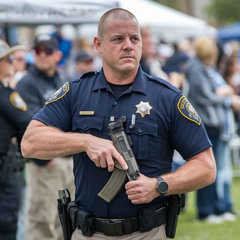 A Nevada law enforcement officer demonstrating firearm safety at a community event