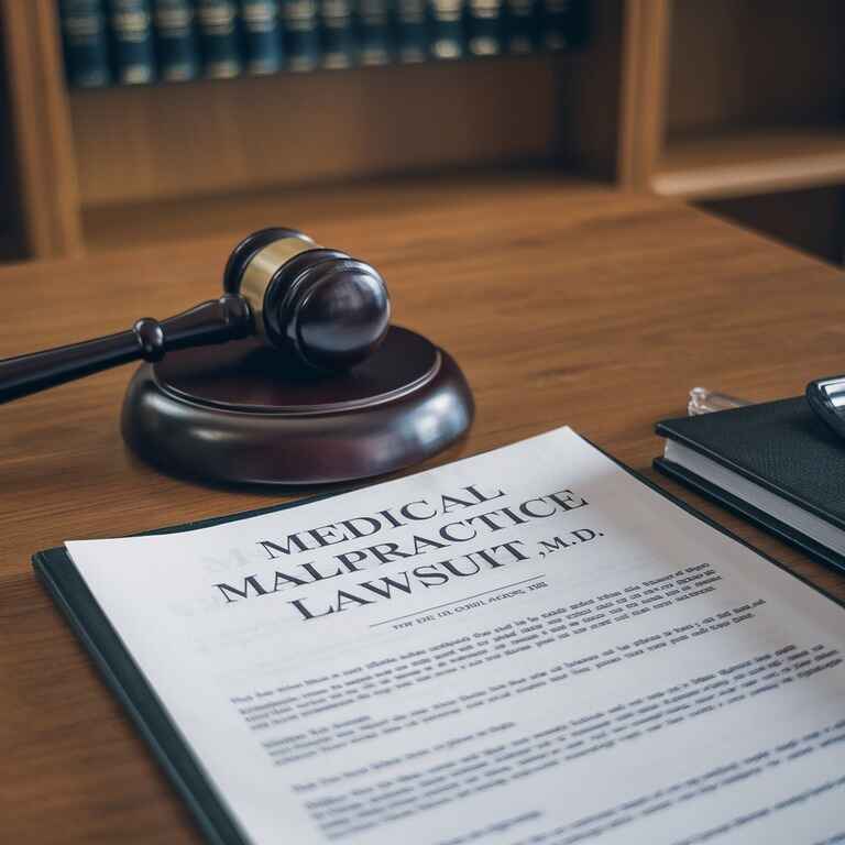 Medical malpractice lawsuit document with a gavel