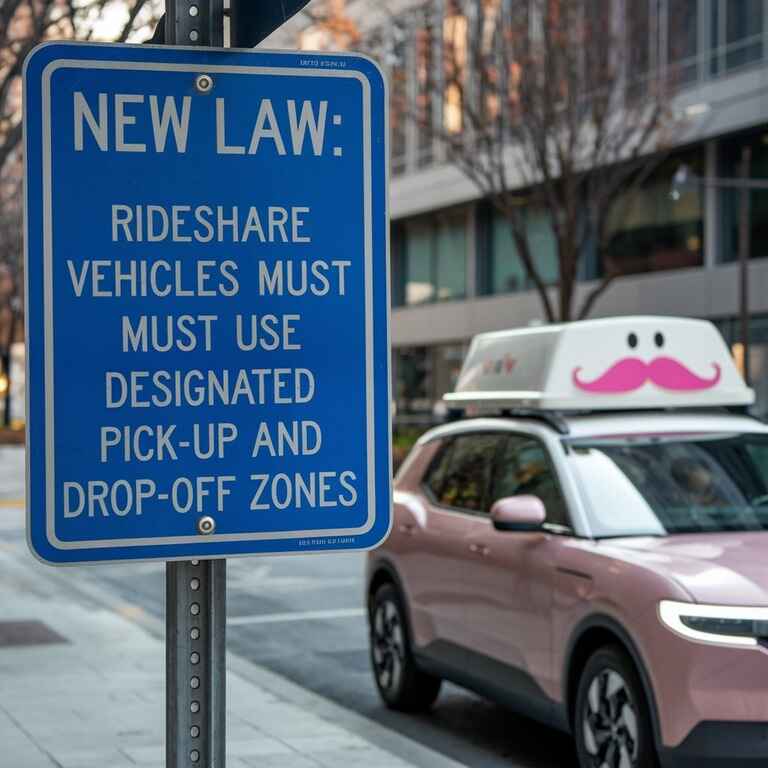 Updated traffic sign displaying new regulations with a rideshare vehicle passing by