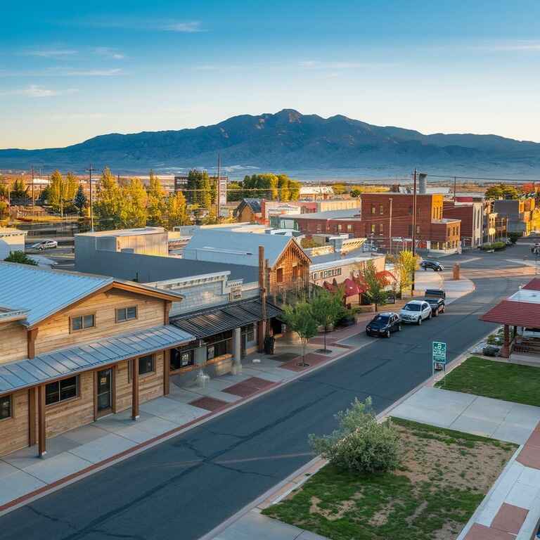 A Nevada town square with shops and open walkways, representing locations where open carry is permitted