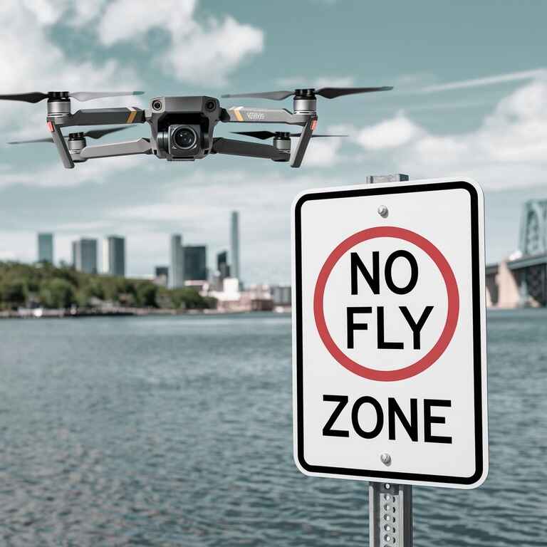 A drone flying near a no-fly zone, with a visible sign marking a restricted area in Nevada