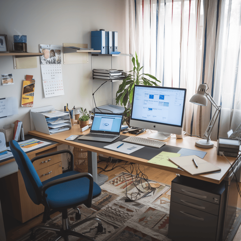 A busy office setting with a computer and phone, illustrating workplace monitoring and communication.