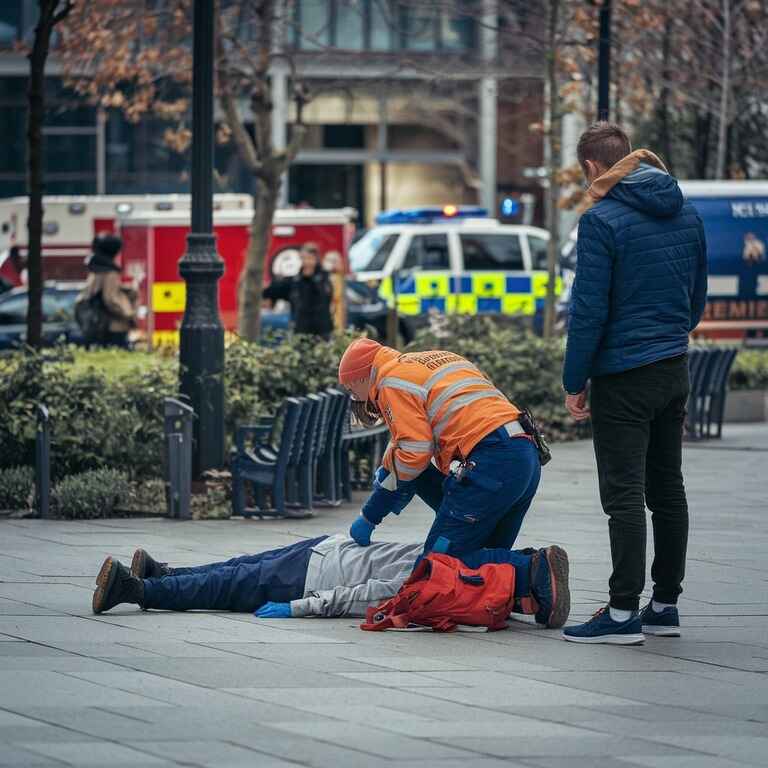 Paramedics assisting a person experiencing an overdose in a park, with a bystander nearby and emergency vehicles in the background