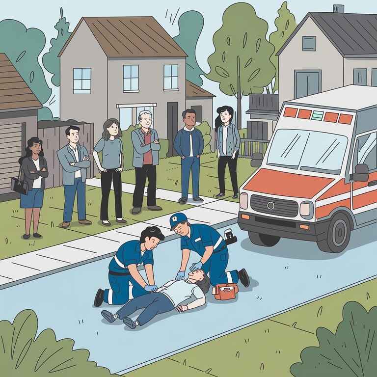 A neighborhood scene where paramedics assist an individual on the ground while bystanders watch from a safe distance, with an ambulance in view