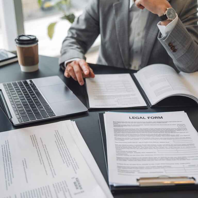 A person reviewing legal documents at their desk, considering pro se representation options