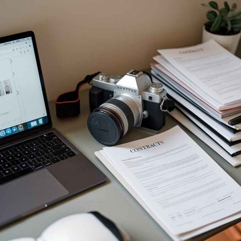 Photographer's organized workspace featuring contracts and equipment, symbolizing best practices in photography