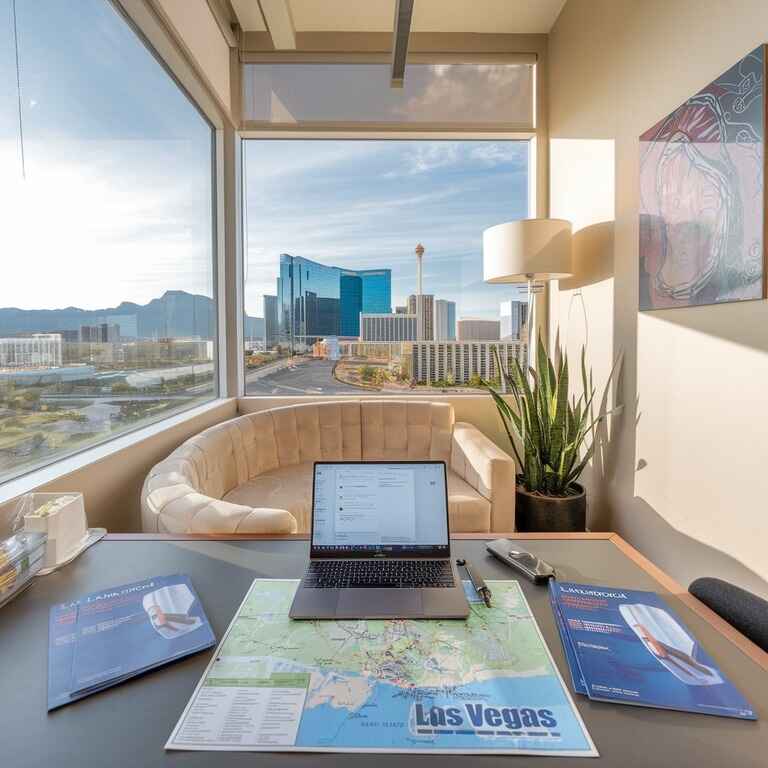 Person planning a medical tourism trip to Las Vegas with the city's skyline in the background