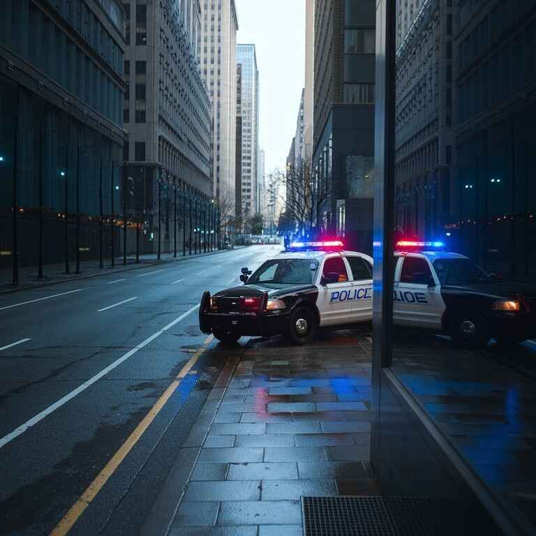 Police car with flashing lights on an empty street, symbolizing curfew law enforcement