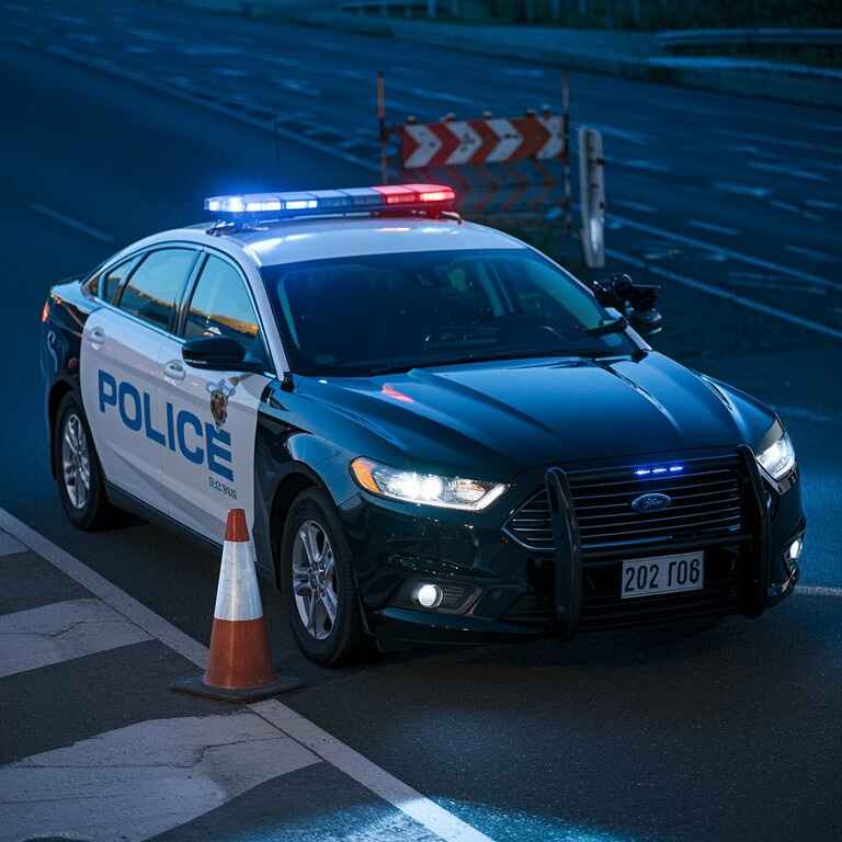 Police car with flashing lights at a DUI checkpoint during nighttime