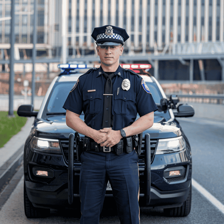 Police officer standing near patrol car in Las Vegas