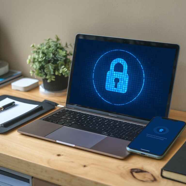 A home office setup with a laptop showing a security lock icon and a smartphone displaying a two-factor authentication message