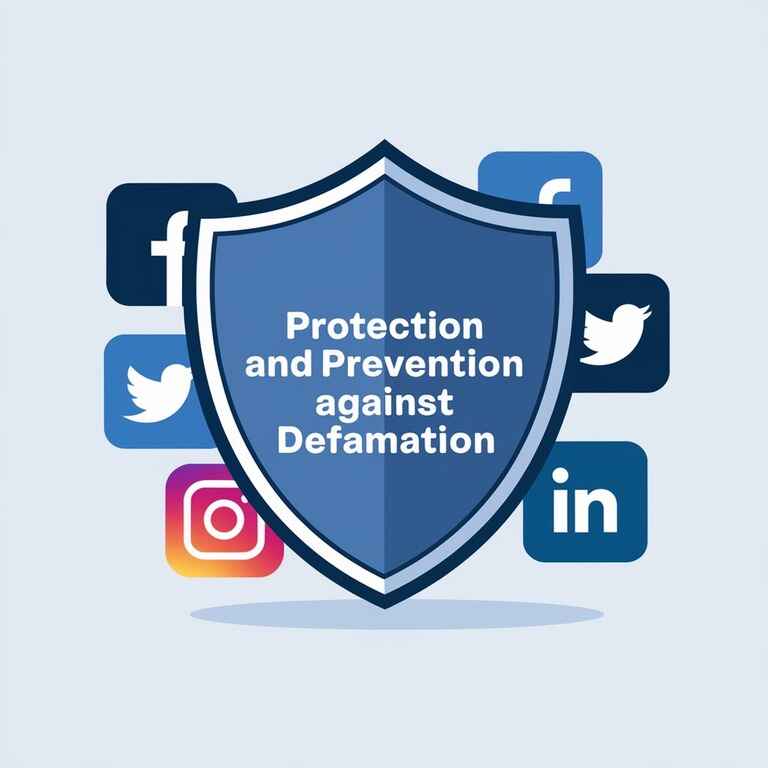 A shield symbol overlaying social media icons, symbolizing measures to prevent social media defamation