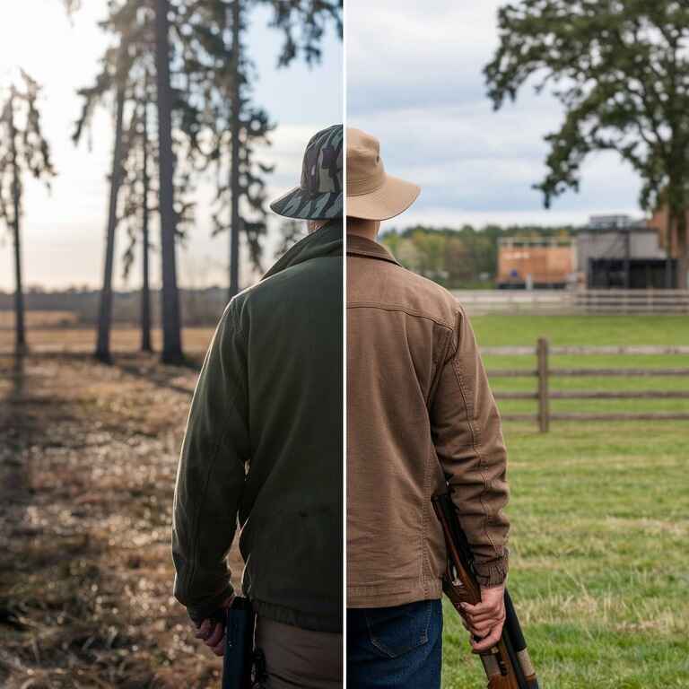 A split image showing a hunter on public land and another hunter on private land, highlighting the differences in hunting areas