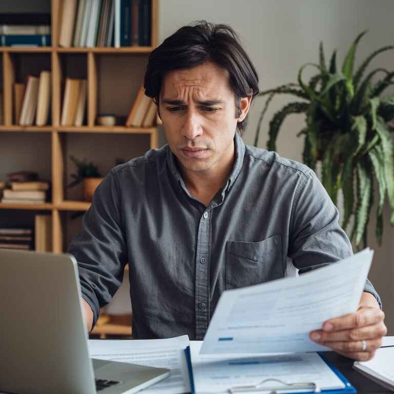 A person reviewing their credit report on a laptop, surrounded by financial documents