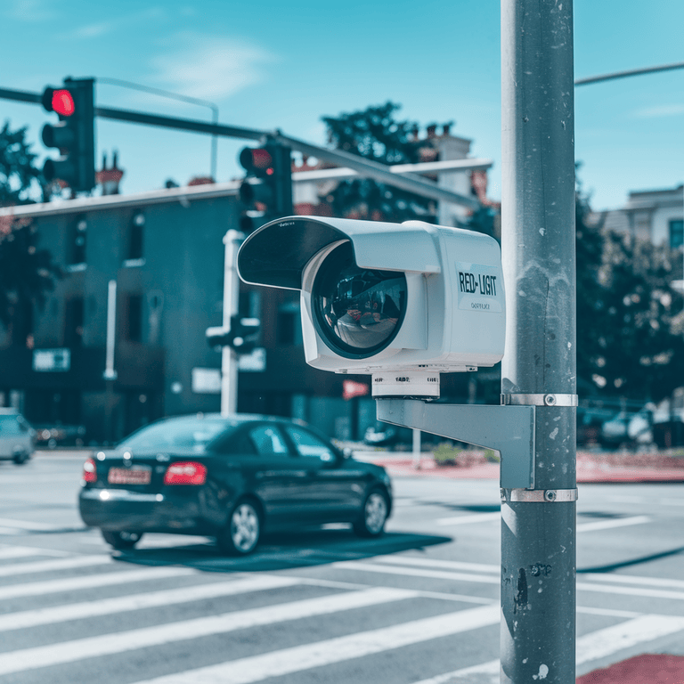 Red-light camera monitoring traffic at a busy intersection.