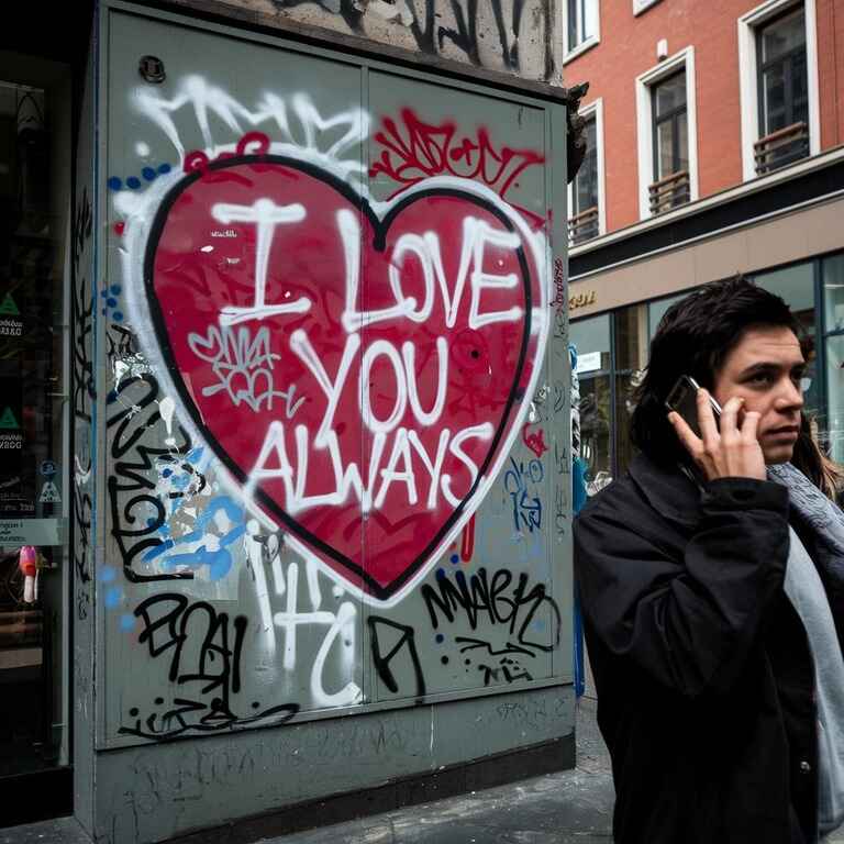 A city street with graffiti on a wall, and a person preparing to report it via phone