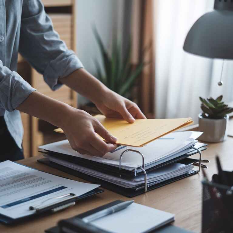 A person sorting through a stack of documents on a desk, preparing to respond to a subpoena