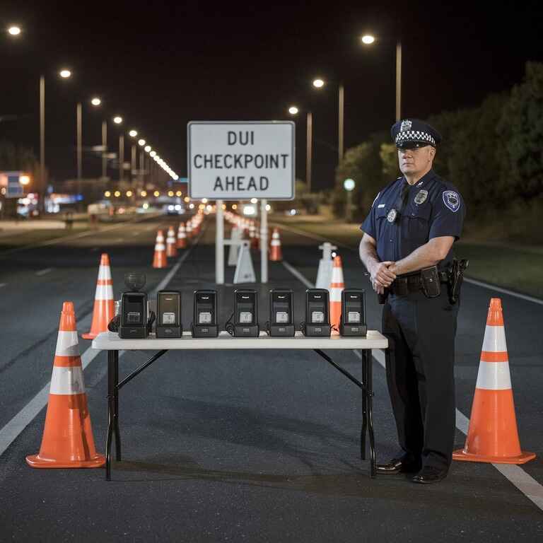 Police officer at a DUI checkpoint with breathalyzer devices and traffic cones on display