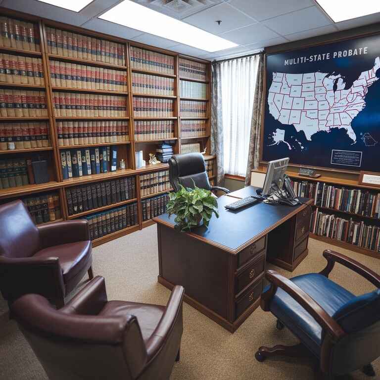 Probate attorney’s office with legal texts and a U.S. map, symbolizing their role in multi-state probate