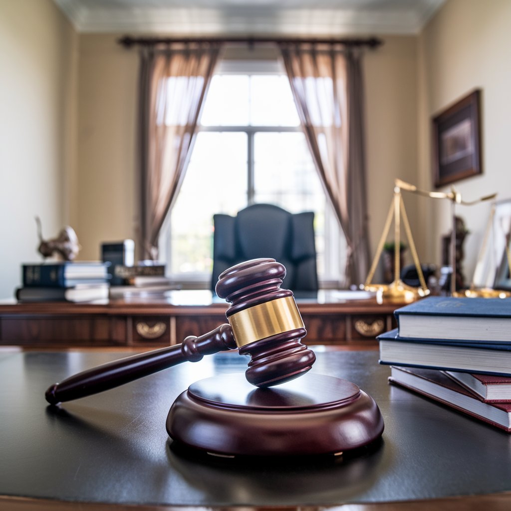 A law office setting with a gavel and law books, representing the importance of finding an experienced defense attorney in Nevada