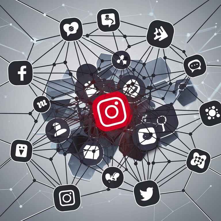 Social media icons interconnected by digital lines, with one icon highlighted in red to symbolize defamation