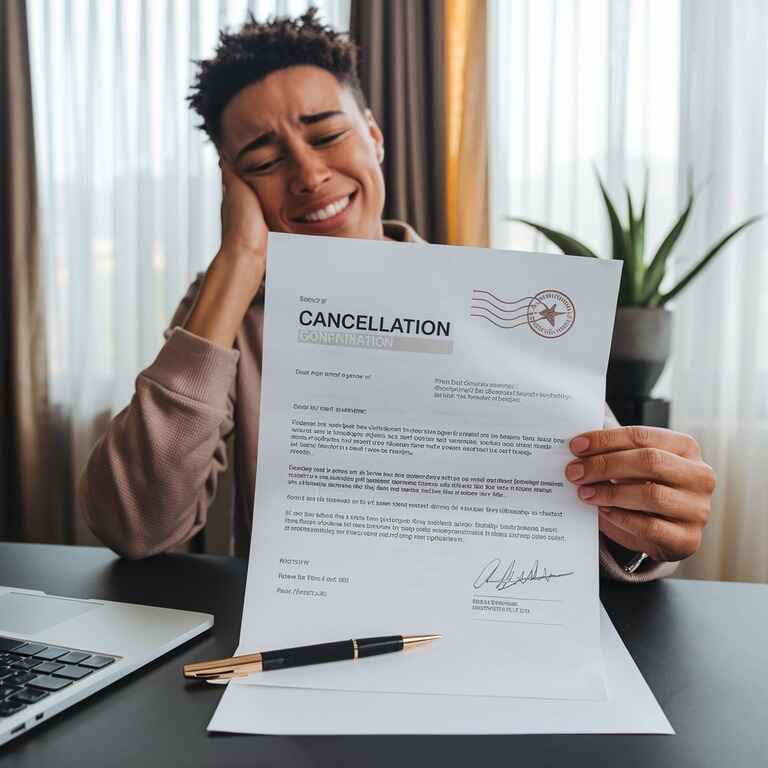 A person smiling and feeling relieved while reviewing a cancellation confirmation letter