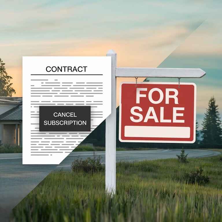 Split image showing a timeshare contract and a "For Sale" sign representing cancellation vs resale/transfer options