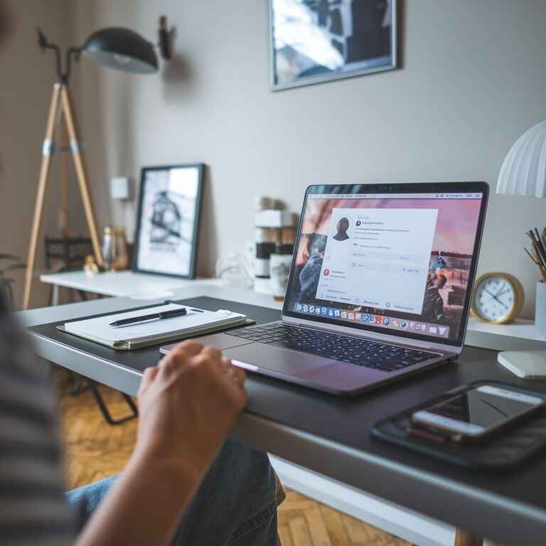 A desk with a laptop open to a social media platform, along with a notepad, pen, and phone, representing steps to address defamation