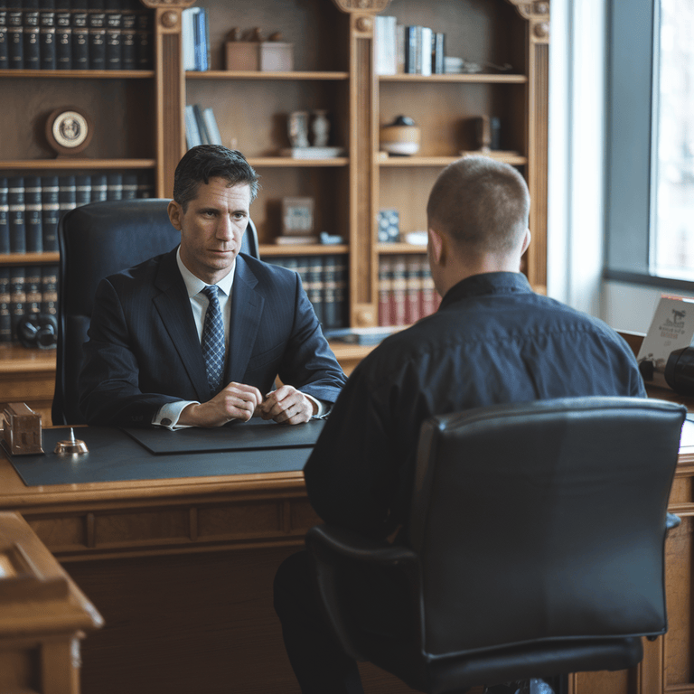 A defense attorney and a defendant discussing the option of rejecting a plea bargain in a law office.