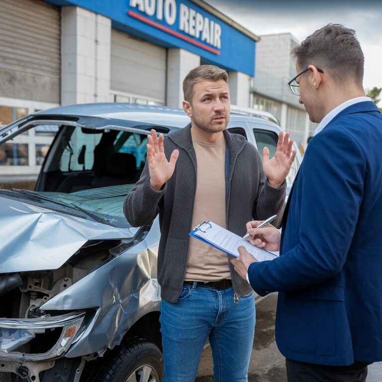 A driver discussing an insurance claim with an adjuster beside a damaged car