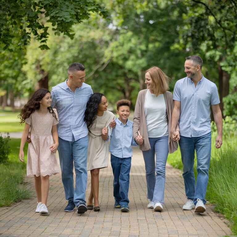 A blended family walking together in a park, representing visitation and parenting time adjustments