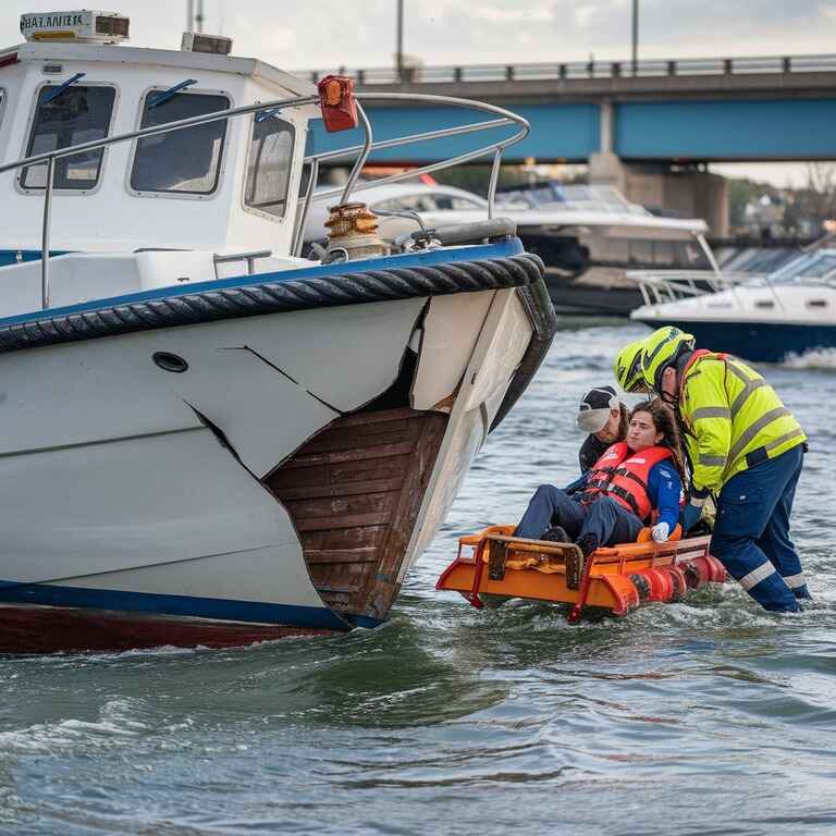 Wrecked boat with emergency responders helping an injured person after an accident