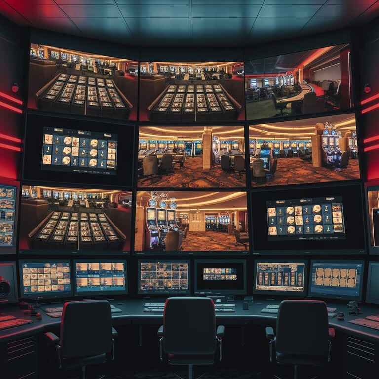 Casino security room filled with monitors showing live surveillance of slot machines and casino floors, symbolizing the prevention and detection of hacking attempts