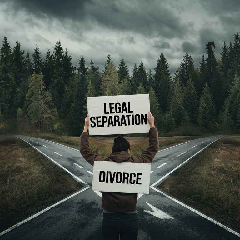 A person at a crossroads deciding between legal separation and divorce