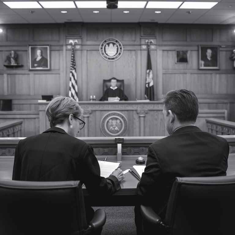 A courtroom scene where a parent and attorney discuss legal documents, representing the defense against a weak parental relocation case