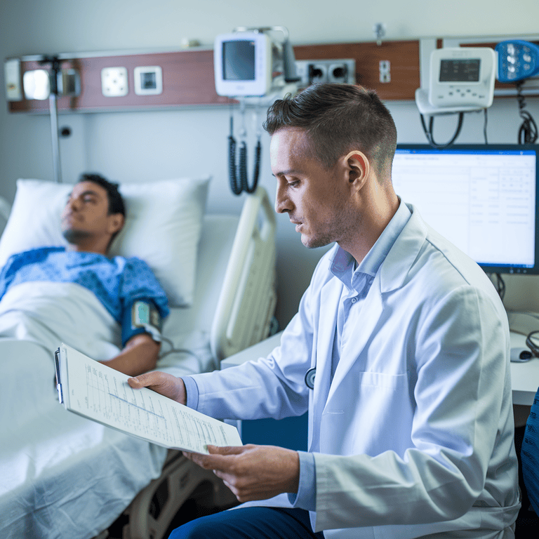 A doctor and patient reviewing medical records in an office.