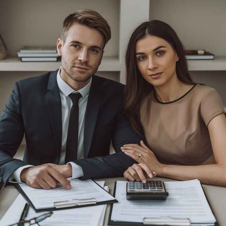 A professional image of a couple sitting at a table with legal documents and a calculator, reflecting the financial and legal aspects of a separation