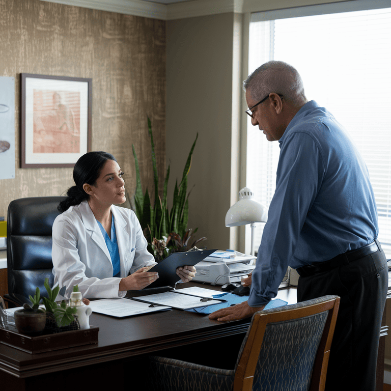 A healthcare professional and patient go over medical documents in a private office.