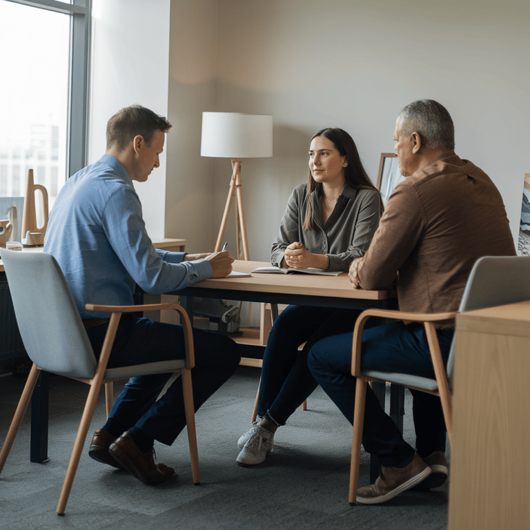 A mediator guiding a conversation between two individuals in a calm, neutral office during a high-conflict divorce mediation.