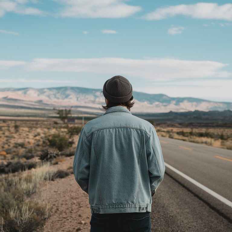  A hitchhiker standing safely on the shoulder of a rural Nevada highway with desert mountains in the background